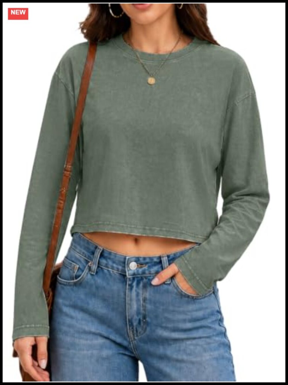 Womens 100% Cotton Acid Wash Long Sleeve Crop Top Loose Fit Crew Neck
